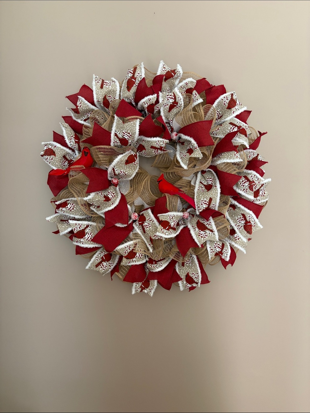 Red & Natural Holiday Wreath with Cardinal Accents - Picture 4 of 4